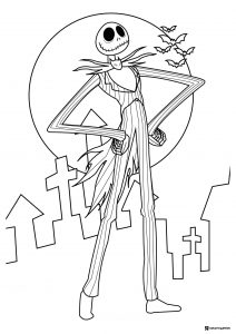 Jack Skellington in cemetery with moon and bats