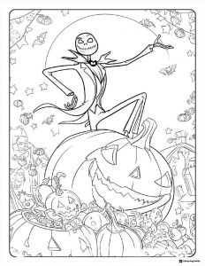 Jack Skellington on a pumpkin with many pumpkins