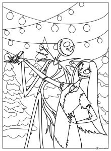 Jack and Sally decorating Christmas trees coloring