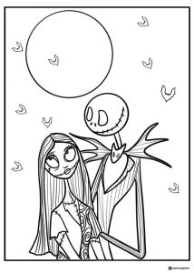 Jack and Sally under the moon with bats coloring