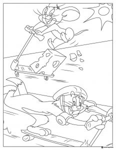 Jerry on cheese scooter and Tom on skateboard coloring page