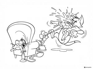 Jerry spraying Tom with water from a flower coloring page