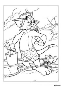 Jerry tying Toms foot on the beach coloring page