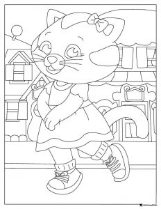 Katerina Kittycat Coloring Page walking in front of houses