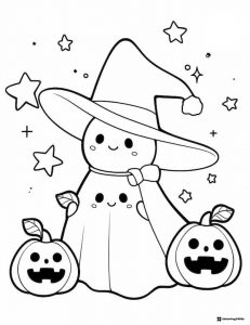 Kawaii ghost in witch hat with pumpkins coloring page