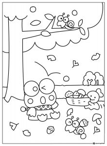 Keroppi Coloring Page Collecting Acorns