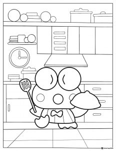 Keroppi Coloring Page Cooking in Kitchen