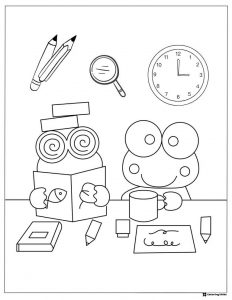 Keroppi Coloring Page Studying with Books and Clock