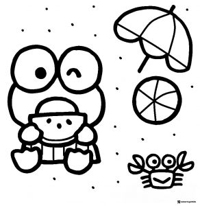 Keroppi Coloring Page at the Beach with Crab