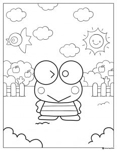 Keroppi Coloring Page in a garden with sun and bird
