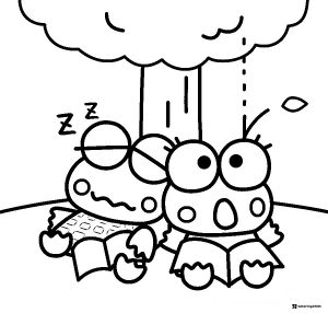 Keroppi Coloring Page of two frogs sleeping and reading