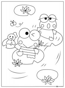 Keroppi Coloring Page on Lily Pads with Friends