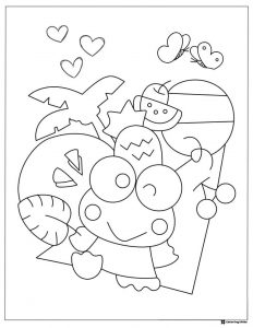 Keroppi Coloring Page with Tropical Fruits and Butterflies