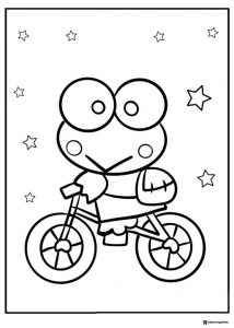 Keroppi Coloring Sheet riding a bicycle with stars