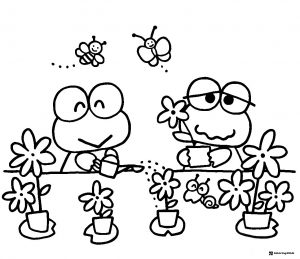 Keroppi Coloring Sheet watering flowers with bugs