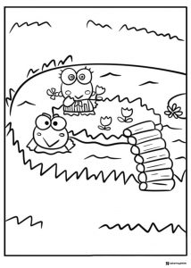 Keroppi and Keroleen coloring page by a pond with flowers