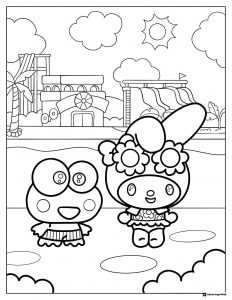 Keroppi and My Melody at a water park coloring page 1