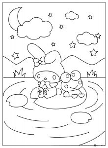 Keroppi and My Melody sitting on a lily pad at night