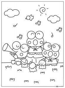 Keroppi and family making music coloring sheet