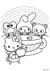 Keroppi and friends Coloring Page having a tea party