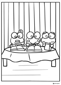 Keroppi and friends reading books coloring page