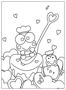 Keroppi chefs on a cake with hearts coloring page