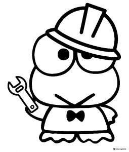 Keroppi coloring page as a construction worker holding a wrench