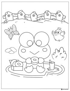 Keroppi coloring page having a donut picnic outdoors