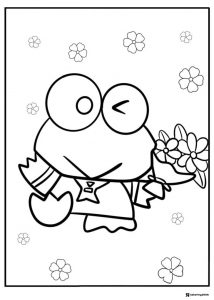 Keroppi coloring page holding a bouquet of flowers