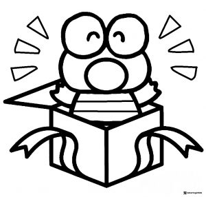 Keroppi coloring page popping out of a gift box
