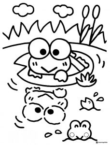 Keroppi coloring page swimming in a pond with reflection