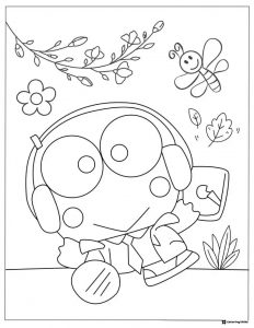 Keroppi coloring page taking a picture outdoors