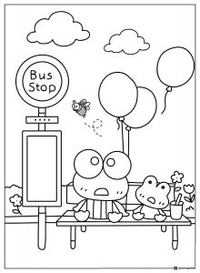 Keroppi coloring sheet at a bus stop with a friend