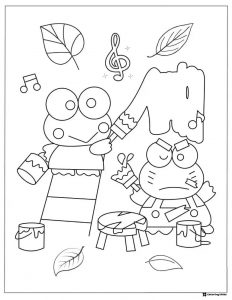 Keroppi painting with a friend music notes and leaves