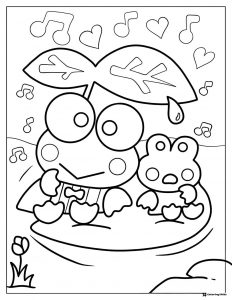 Keroppi under a leaf with a baby frog coloring page