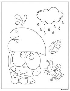Keroppi wearing a leaf in the rain with a bee