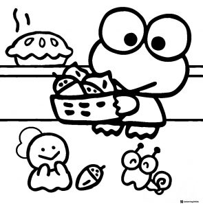 Keroppi with pie and berries coloring page with friends