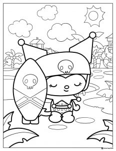 Kuromi Beach Coloring Page with Surfboard