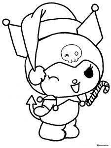 Kuromi Christmas Coloring Page Holding Candy Cane