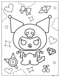 Kuromi Coloring Page Surrounded by Hearts Stars and a Bat