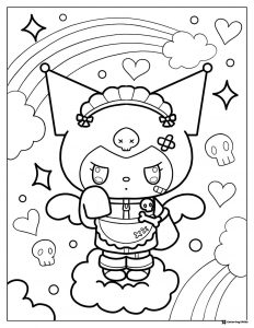 Kuromi Coloring Page with Rainbows and Clouds