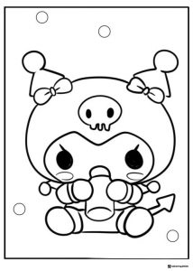 Kuromi Coloring Sheet Holding a Heart with Bows on Head