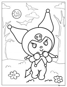 Kuromi Coloring Sheet in a Spooky Landscape with Moon and Bats