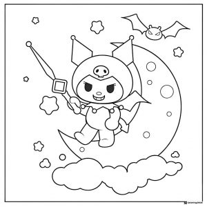 Kuromi Flying on Moon with Stars and Bat Coloring Page