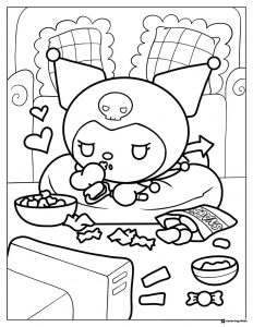 Kuromi Laying on Couch Eating Snacks Coloring Page