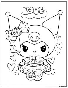Kuromi Love Themed Coloring Page with Hearts