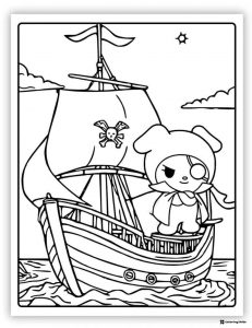 Kuromi Pirate on a Ship with Skull Sail Coloring Page
