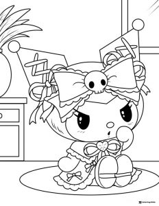 Kuromi Sitting with Bows and Ribbons in a Room Coloring Page
