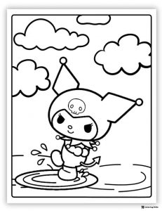 Kuromi Splashing in Water with Clouds Coloring Page