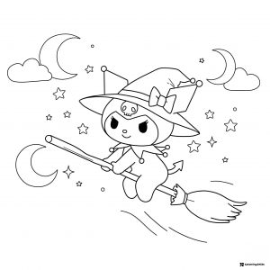 Kuromi Witch Riding Broomstick with Moons and Stars